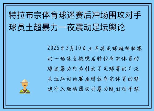 特拉布宗体育球迷赛后冲场围攻对手球员土超暴力一夜震动足坛舆论 特拉布宗体育球迷赛后冲场围攻对手球员土超暴力一夜震动足坛舆论